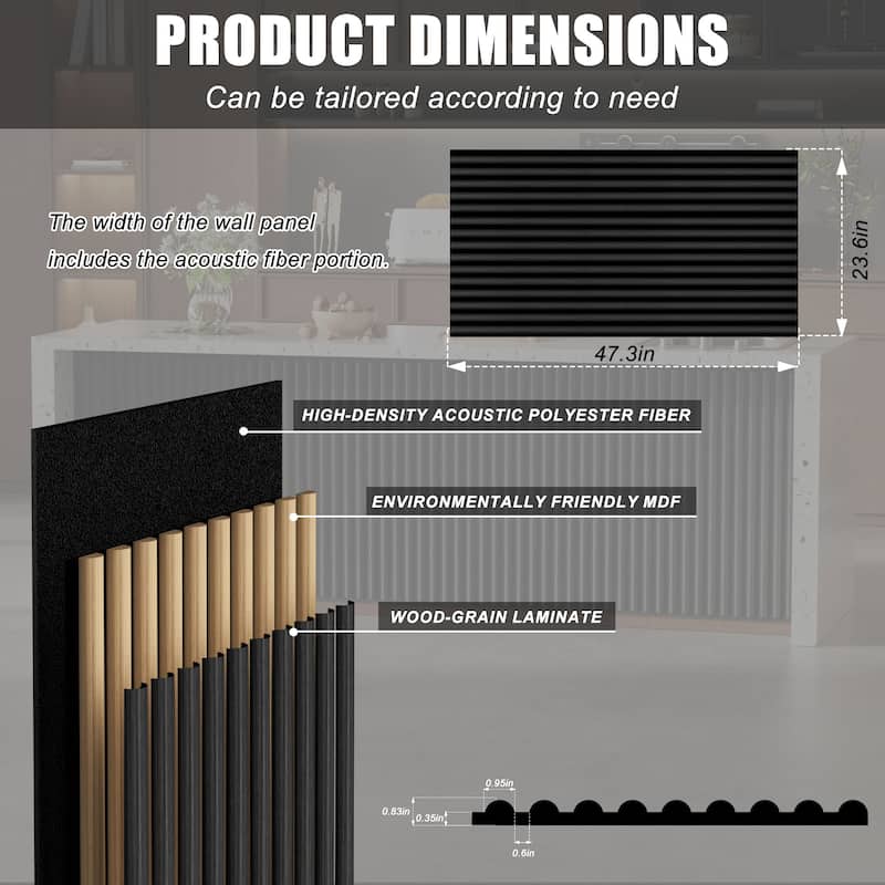 47.3" x 23.6" Half Round Slat Acoustic Wall Panels for Ceiling and Wall Decor, 4-Pack (31 sq ft)