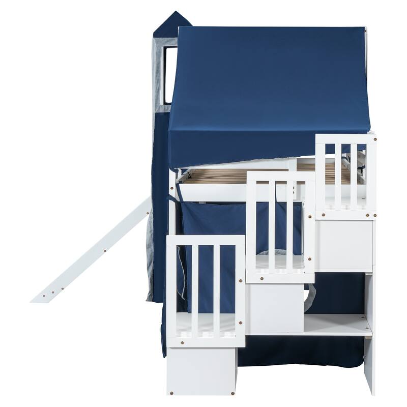 Blue Twin Loft Bed with Tent, Tower, and Playhouse Design for Kids