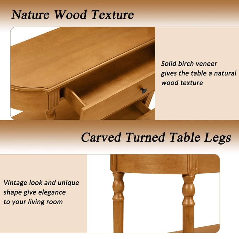 Retro 43" Curved Wood Console Table with 3 Drawers and Open Shelf, Sofa Table Behind Couch for Living Room and Hallway Storage