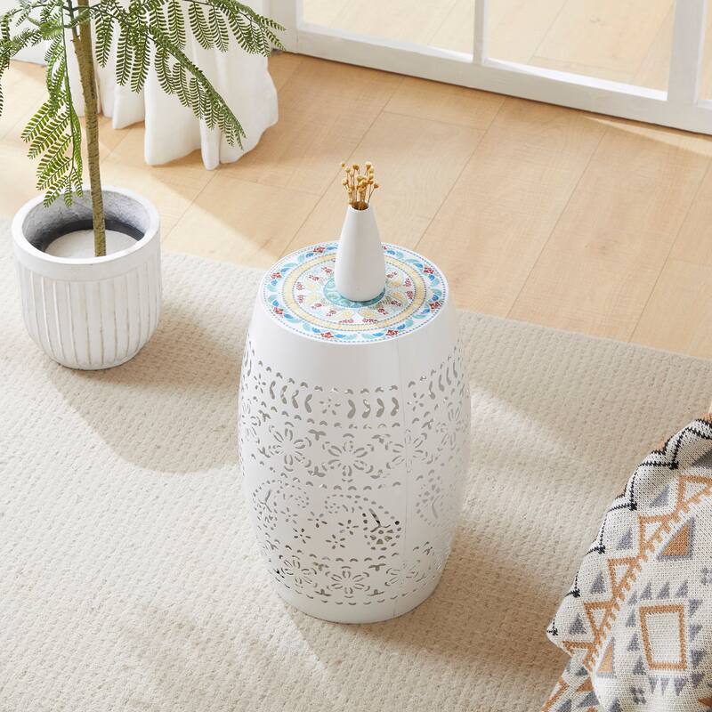 18.25" Modern Round Side Table with Boho Pattern Ceramic Tile Top and Unique Color Iron Frame
