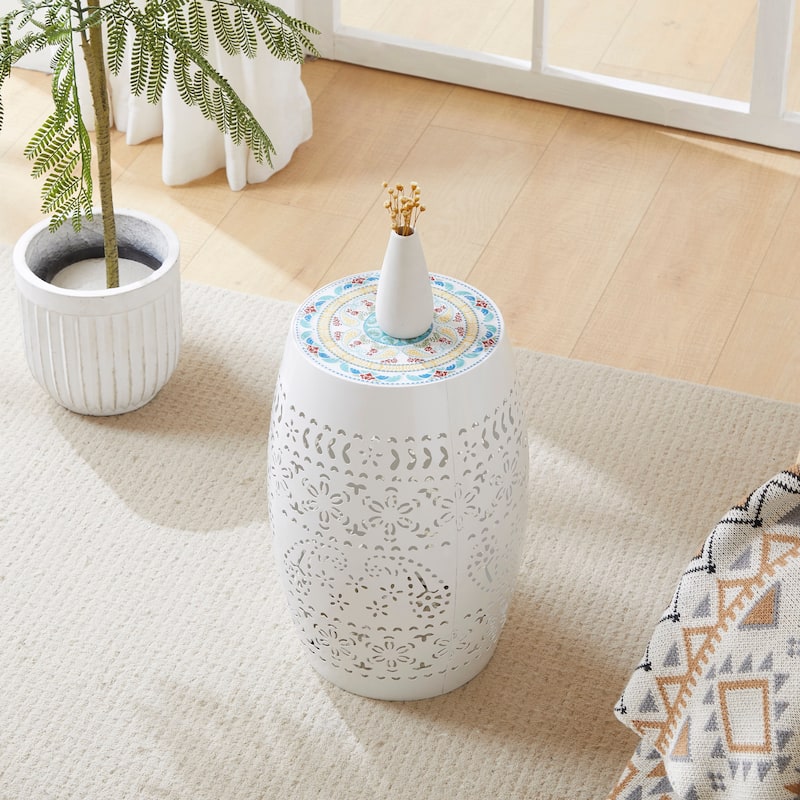 Christopher Knight Home Ruby Indoor/Outdoor 12-Inch Lace Cut Iron Side Table - White-Blue Mosaic Top