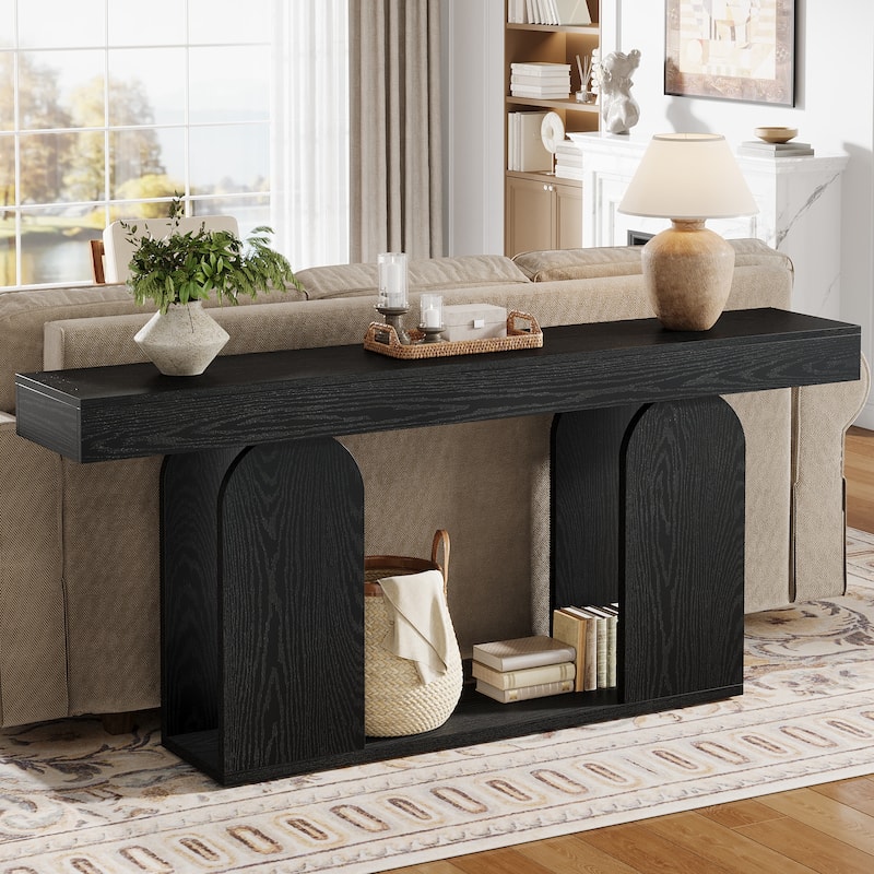Long Wood Entryway Table, Storage Shelf Sofa Console Table, Living Room Hallway Foyer Behind Couch - Black - Wood