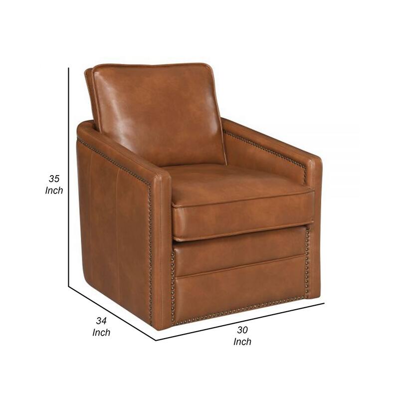 Roco 34 Inch Accent Chair with Swivel, Faux Leather Upholstery, Brown
