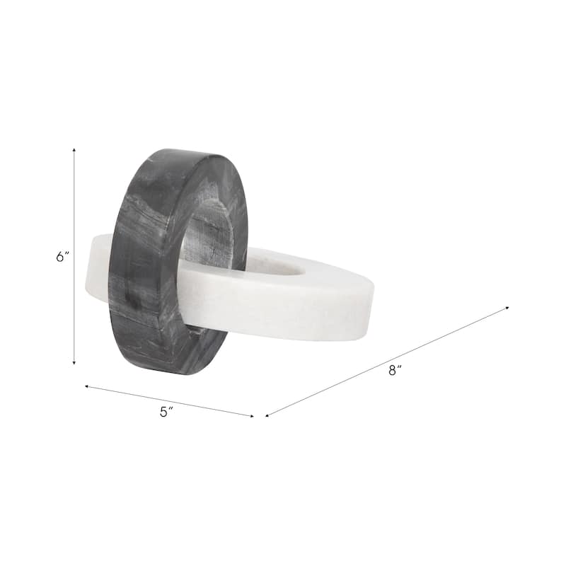 Sagebrook Home's Marble and Suar Wood 8" Double Ring in White/Black, Crafted Decorative Accessories - 8" x 5" x 6"