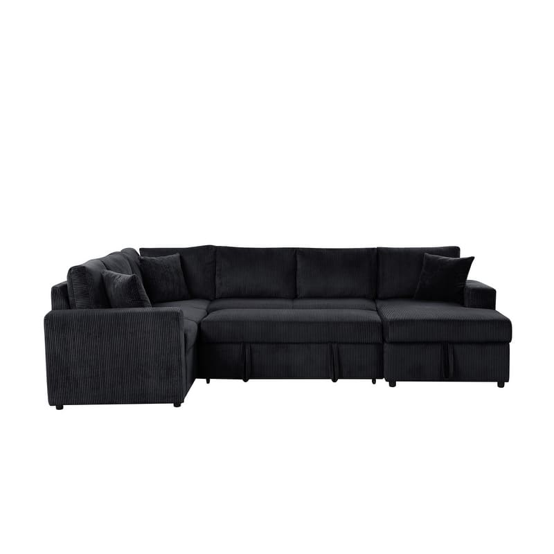 Ruxley 123"W Corduroy Sleeper Sectional Sofa with Right-Facing Storage Chaise and Throw Pillows