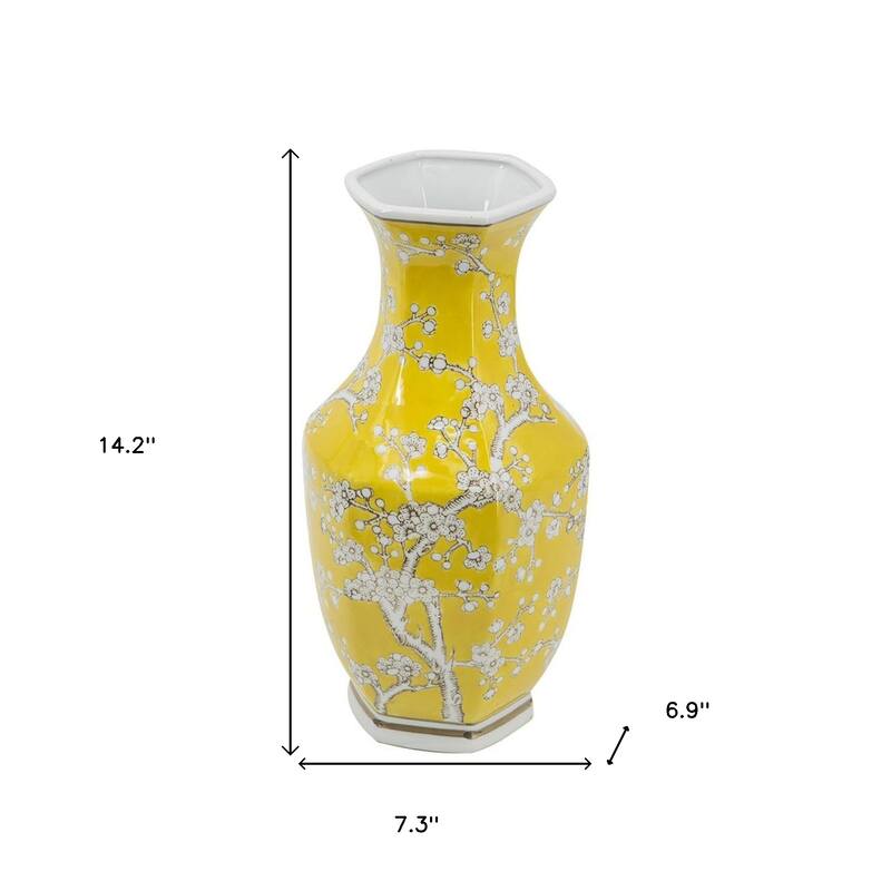 14" Yellow And White Chinoiserie Floral Porcelain Table Vase - 7.30
