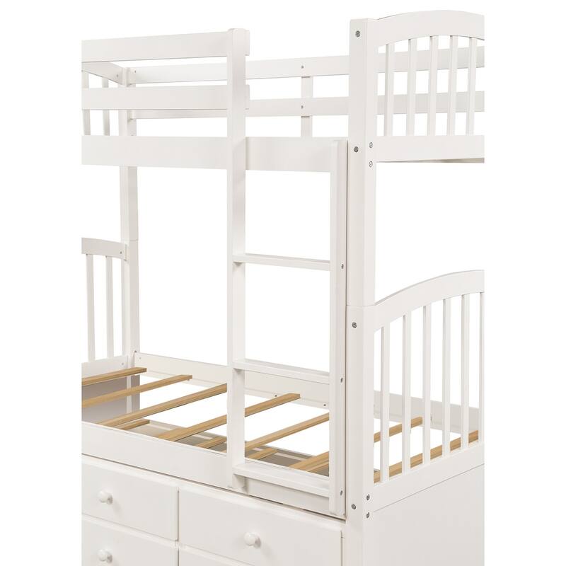 Twin Over Twin Bunk Bed with Trundle and Drawers, White, for Teens and Guest Rooms