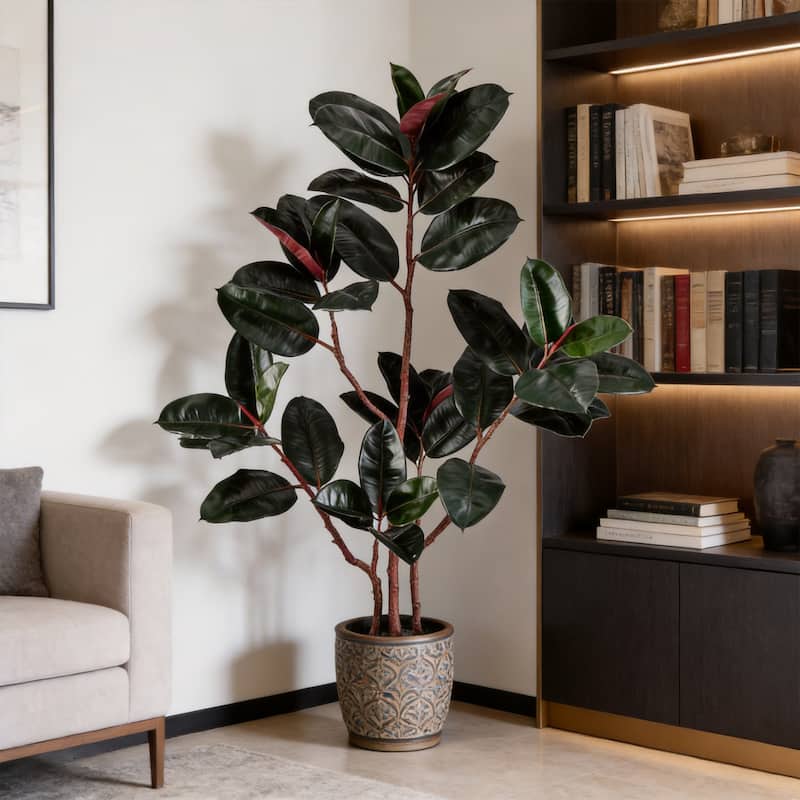 4 ft. Artificial Rubber Tree, Faux Green Plant with Bendable Branches in Black Cement-Filled Nursery Pot, Low Maintenance