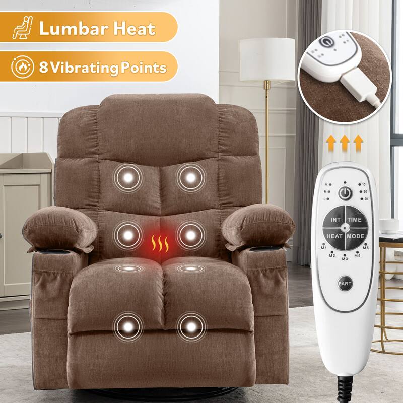 Oversized Massage Swivel Recliner with Heat USB Cup Holders for Adults