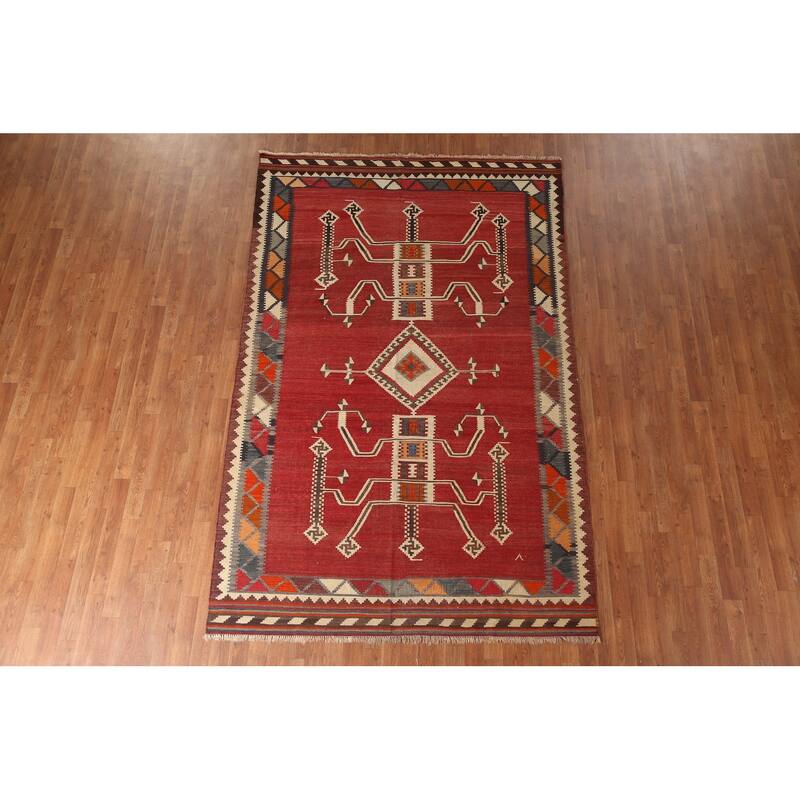 Red Kilim Qashqai Persian Vintage Hand-Woven Wool Carpet - 5'11" x 9'4"