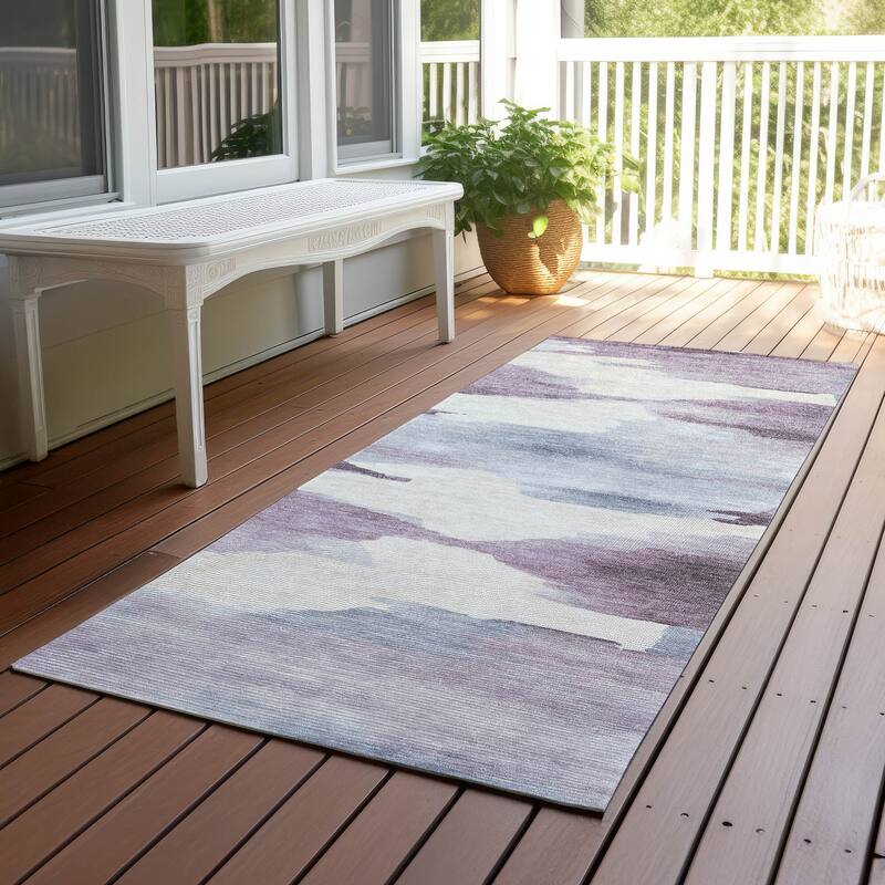 Machine Washable Indoor/ Outdoor Abstract Watercolor Chantille Rug - Plum - 2'3" x 7'6"