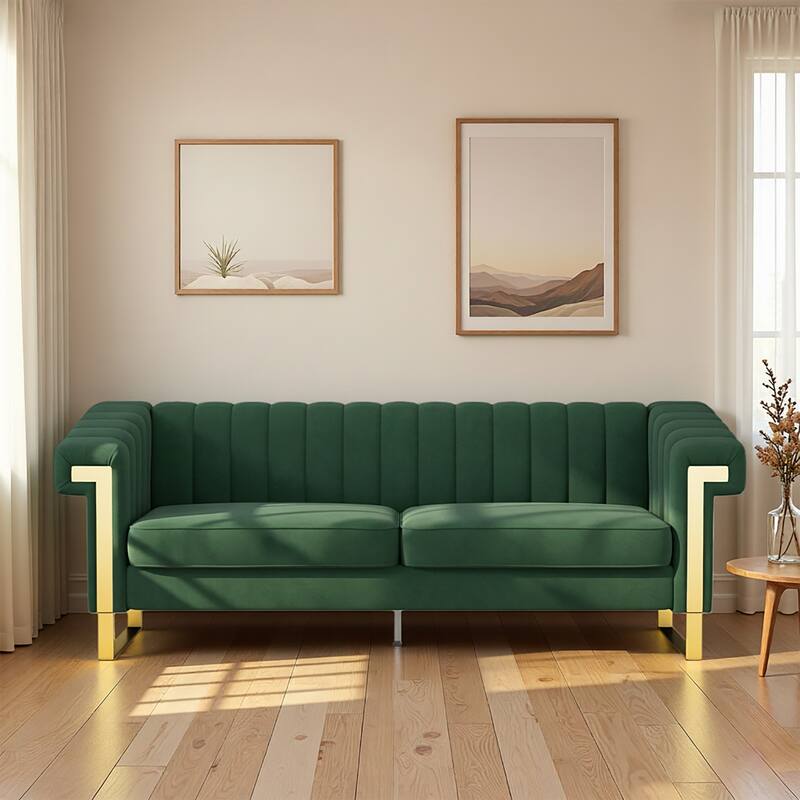 Velvet Sofa Couch for Living Room, Modern Loveseat Couch with Gold Accents, Apartment Chesterfield Sofa