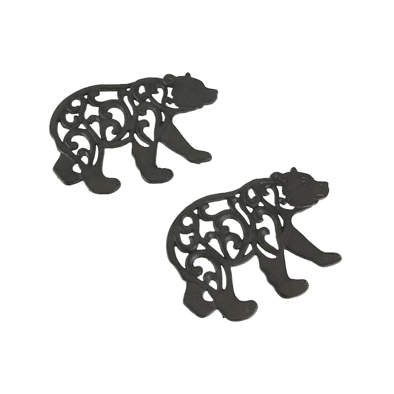 Set Of 2 Black Enamel Cast Iron Bear Kitchen Trivets Lodge Decor - 0.5 X 9 X 6 inches