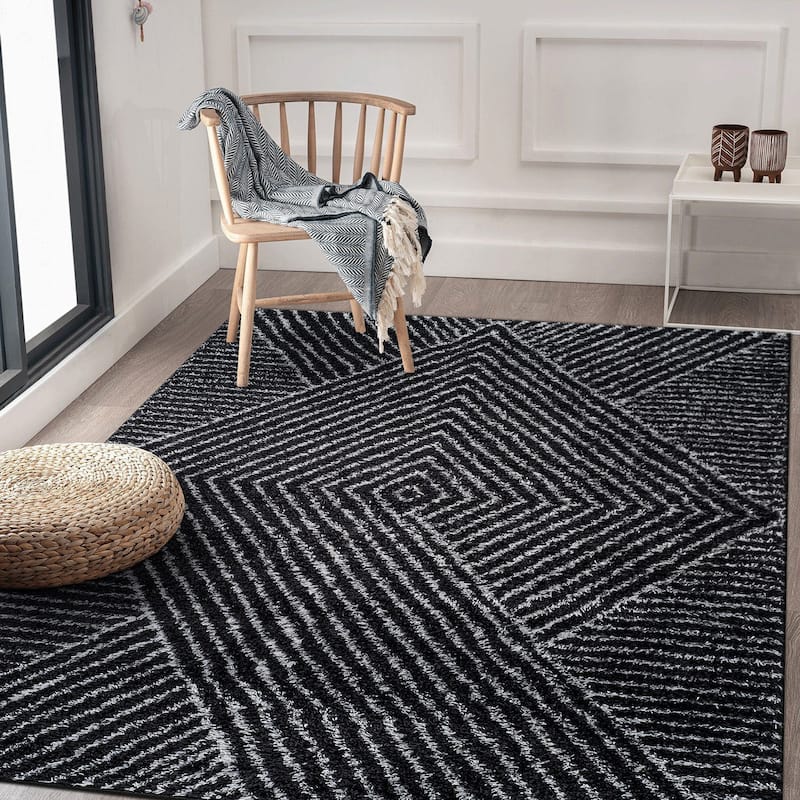 Minimal Stripe Geometric Shag Rug - Anthracite Dark Gray - Medium Pile - Cozy & Modern