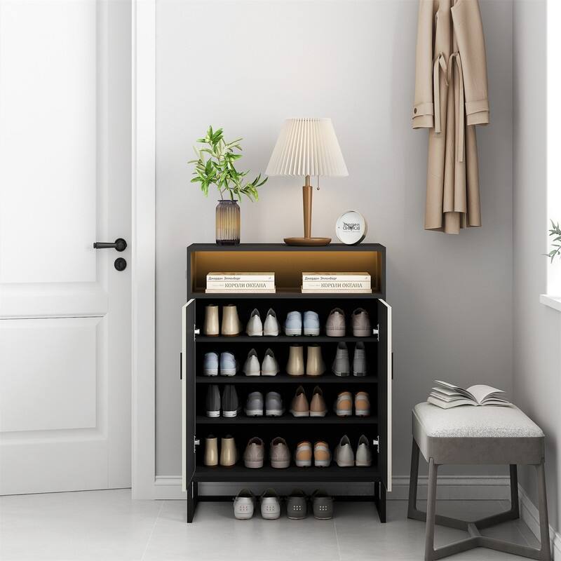 5-Tier Modern 2-Door Shoes Storage Cabinet with LED Light, Wooden Shoe Organizer Rack with Adjustable Shelf