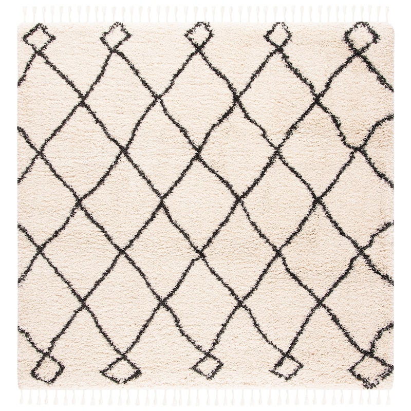 SAFAVIEH Moroccan Fringe Shag Blagorodna 2-inch Thick Rug - 6'7" Square - Cream/Charcoal