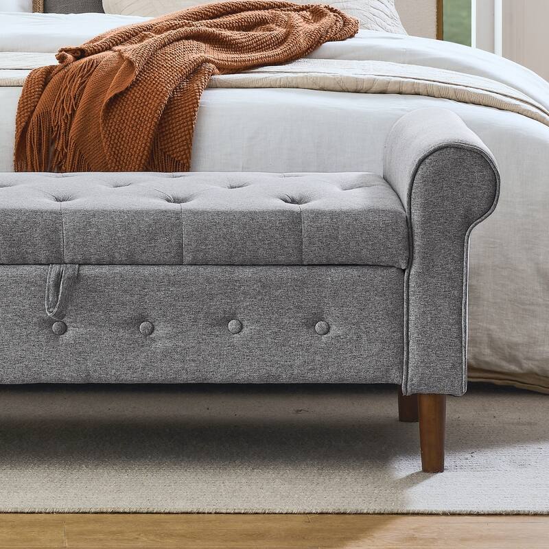 62" Bedroom Tufted Button Storage Bench Linen Upholstered Ottoman