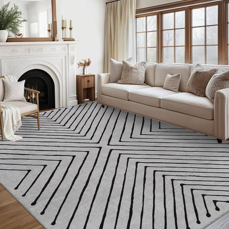 Modern Geometric Area Rug Farmhouse Stripe Area Rug Living Room Stain Resistant Non-Slip Carpet for Bedroom Dining Room - 5'x7' - Beige