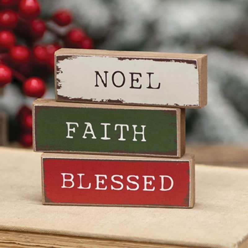 Vintage Holiday Mini Wooden Blocks Set Blessed Faith Noel- 3 Asstd. - 3" x 0.50" x 1"