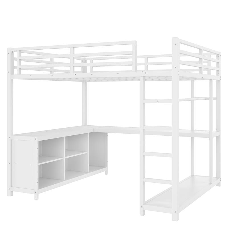 Metal Loft Bed with Wardrobe and L-shaped Desk, Queen Size Loft Bed with Storage Cubes and Shelves