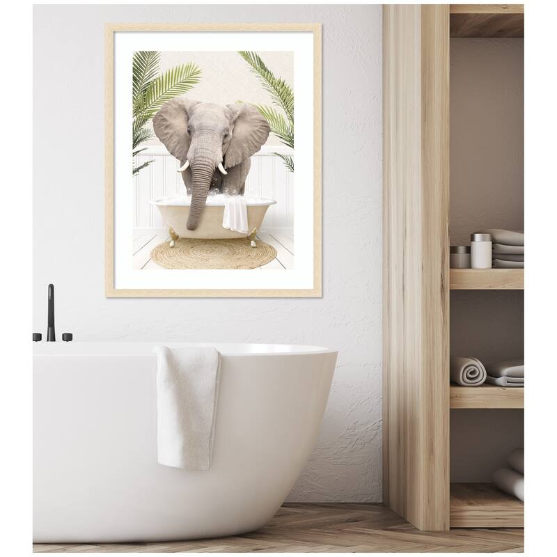Kate and Laurel Elephant Front Palm Bathtub by Amy Peterson Framed Wall Art Print