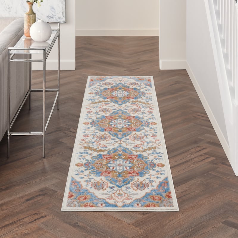 Nourison Elation Persian Floral Medallion Area Rug - 2'3" x 7'6" Runner - Ivory/Blue - Rectangle