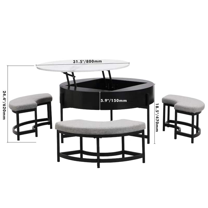 Round Coffee Table with Lift-Top & 3 Ottoman
