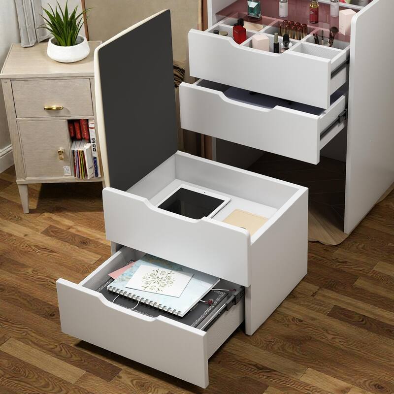 3-in-1 Vanity Desk with Flip-Top Mirror, Glass Top Makeup Table with Drawers & Stool, Compact Dressing Table for Bedroom