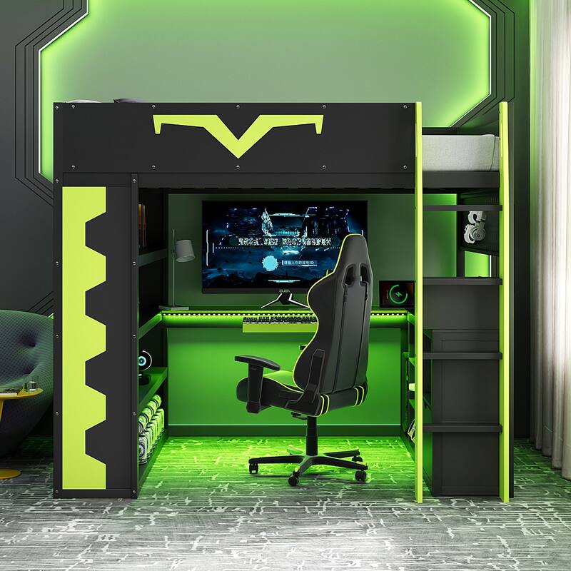 Full Size Gaming Loft Bed with Desk & RGB LED Lights, Pro-Gamer Setup with Pegboard, Keyboard Tray & Storage