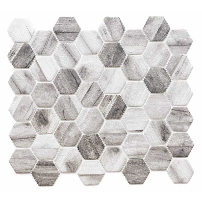 The Tile Life Recycled 1.88x1.88 Grey Hexagon Wood Look Glass Mosaic Backsplash Wall Tile