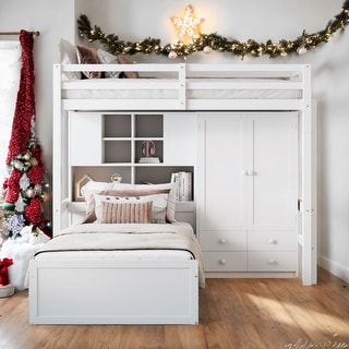 Twin Size Bunk Bed with Drawers, Wardrobe, Storage Shelves and Hydraulic Bed