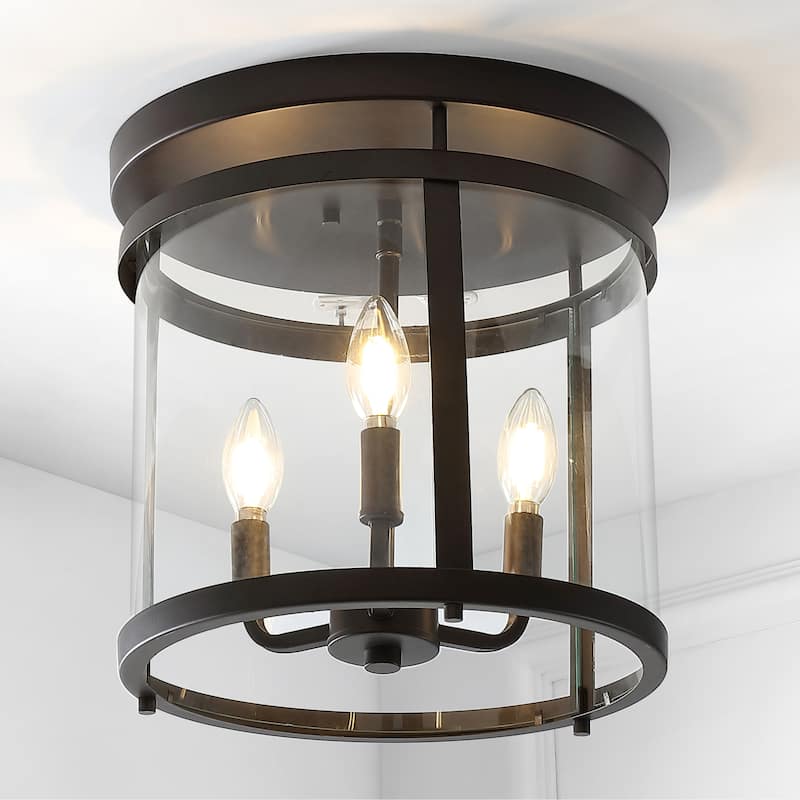 Galax Simple Farmhouse 12.5" 3-Light Metal/Glass Rustic Vintage LED Flush Mount, Oil Rubbed Bronze by JONATHAN Y - Oil Rubbed Bronze