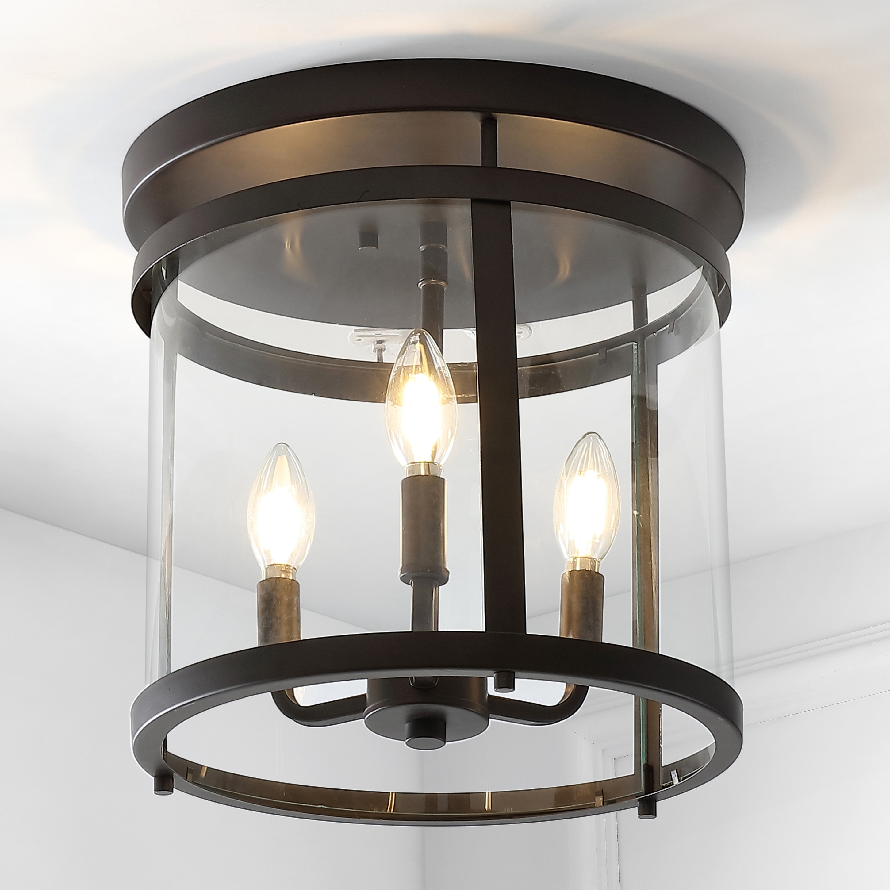 JONATHAN Y Galax Simple Farmhouse 12.5" 3-Light Metal/Glass Rustic Vintage LED Flush Mount, Oil Rubbed Bronze