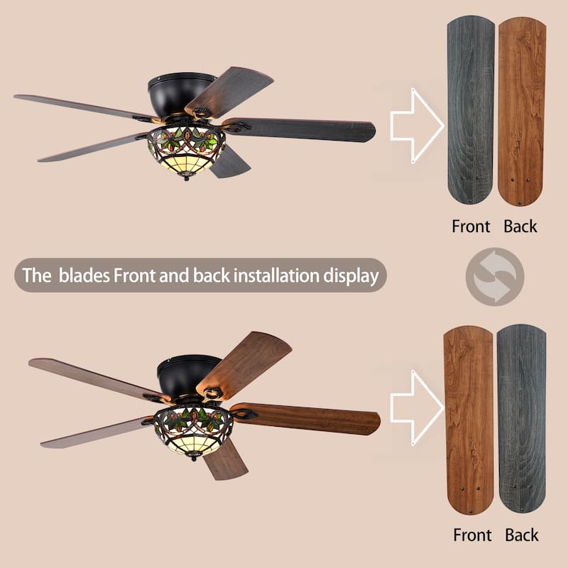 Peacoo 52-Inch Flushmount Lighted Ceiling Fan Ivory Leaf Berry Tiffany Glass Lamp Black Finish