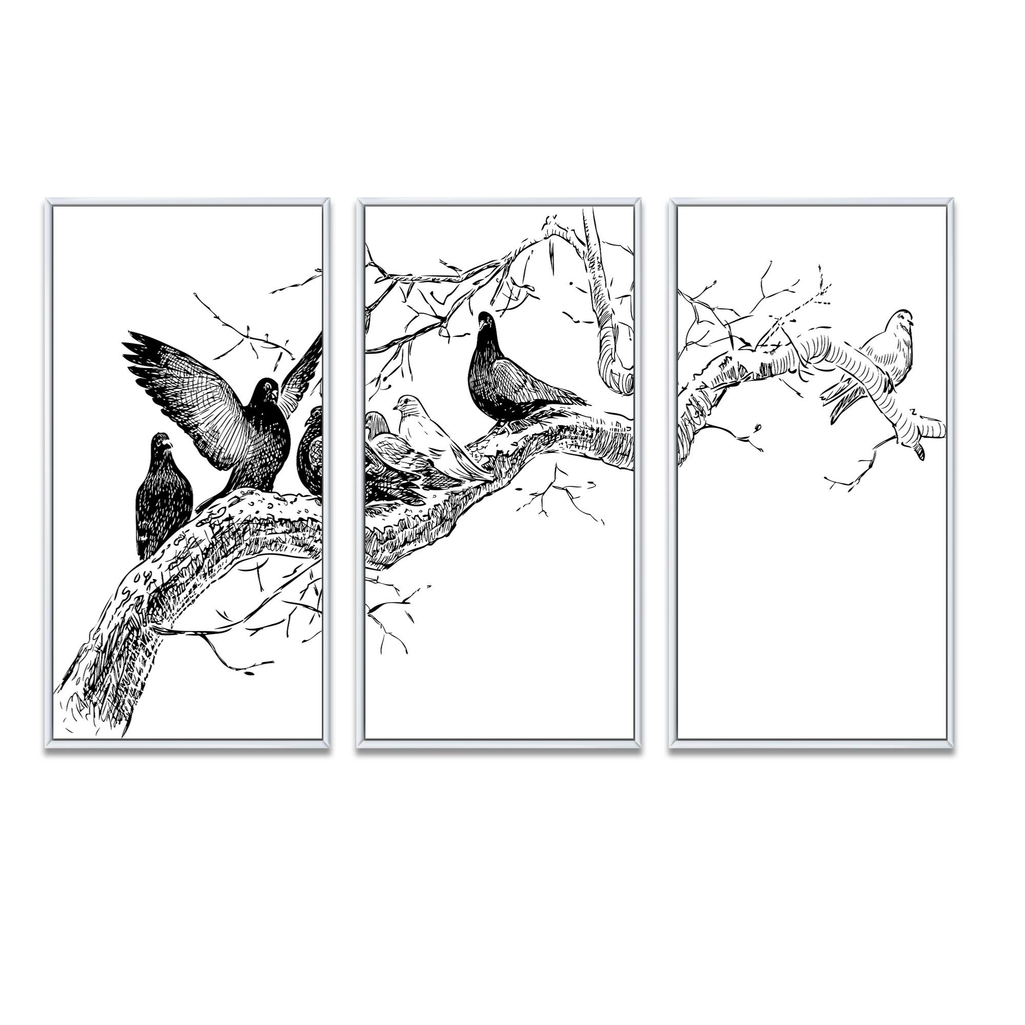 Designart "Pigeons On The Tree Branch" Traditional Framed Canvas Wall Art Set of 3 4 Colors of