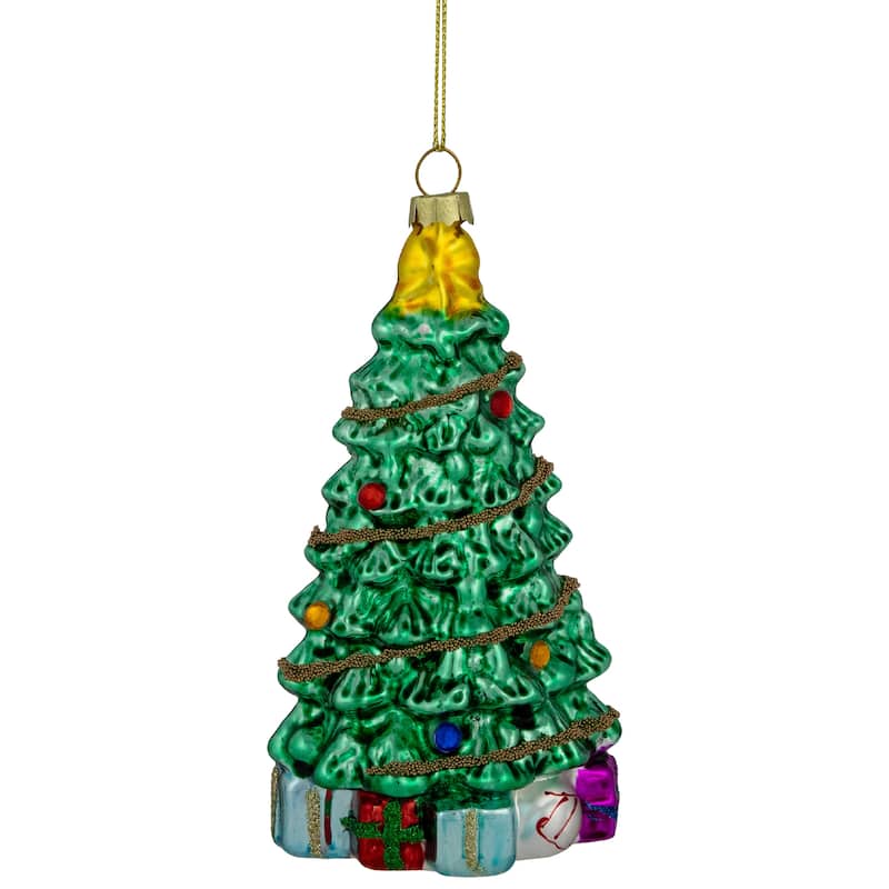 5.5" Shiny Green Decorated Holiday Tree Hanging Glass Christmas Ornament