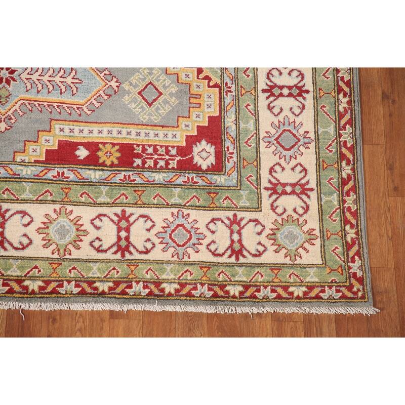 Gray Geometric Kazak Area Rug Handmade Wool Carpet - 6'6" x 9'9"