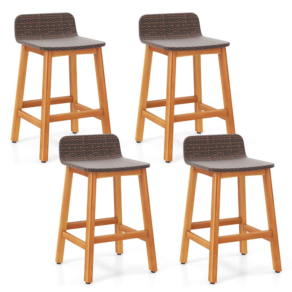 Gymax Solid Acacia Wood Bar Stools Set of 4 Rattan Bar Height Patio