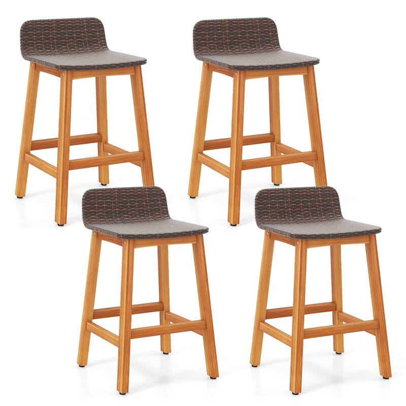 Gymax Solid Acacia Wood Bar Stools Set of 4 Rattan Bar Height Patio - Bar Height - Natural - Set of 4