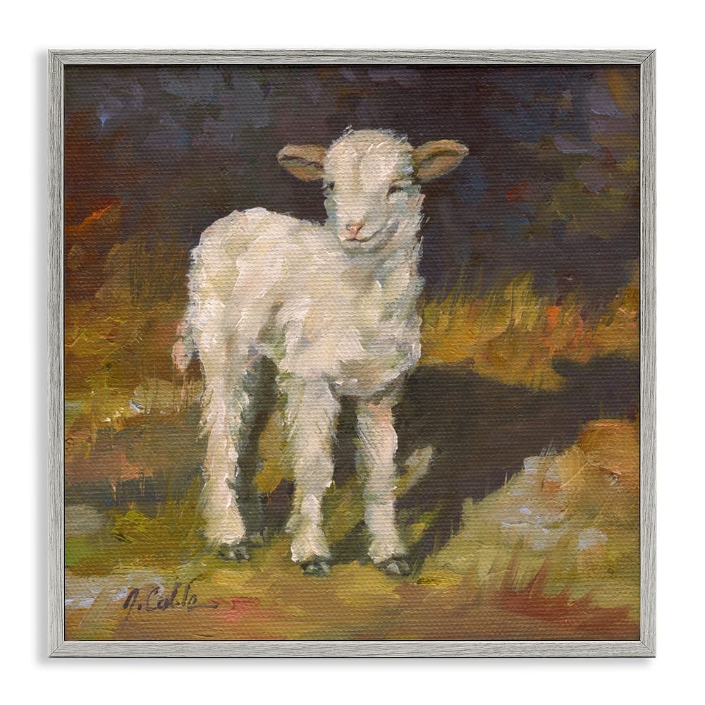 Stupell Soft and Sweet Baby Lamb and Shadow Oil Painting Framed Art, 12 x 12, Proudly Made in USA