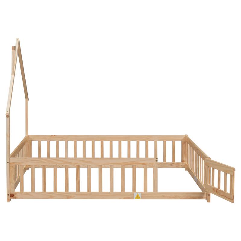 Pine Wood House-Shaped Headboard Floor Bed with Fence for Kids, Boys and Girls