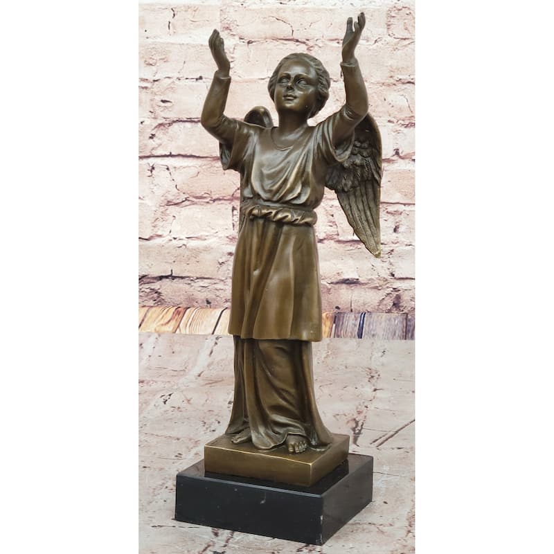 Bronze Child Angel Statue With Upraised Arms – Spiritual Décor On Marble Base