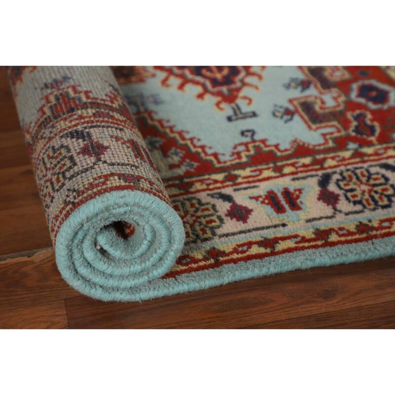 Light Blue Geometric Viss Indian Foyer Rug Handmade Wool Carpet - 2'11"x 4'9"