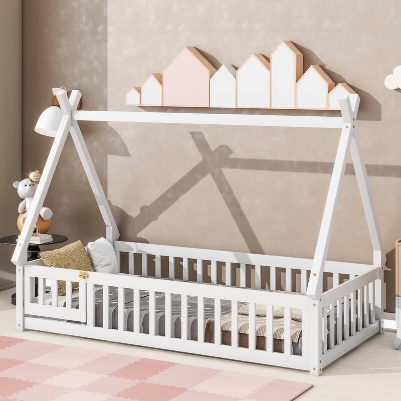 GDFStudio - Jackson American-Style Pine Twin Tent Bed with Teepee Design and Guardrail