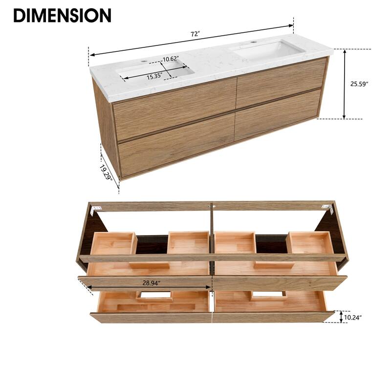 24"30"36"48"60"72"84" Floating Bathroom Vanity Engineered Stone Top with Rectangular Ceramic Undermount Sink