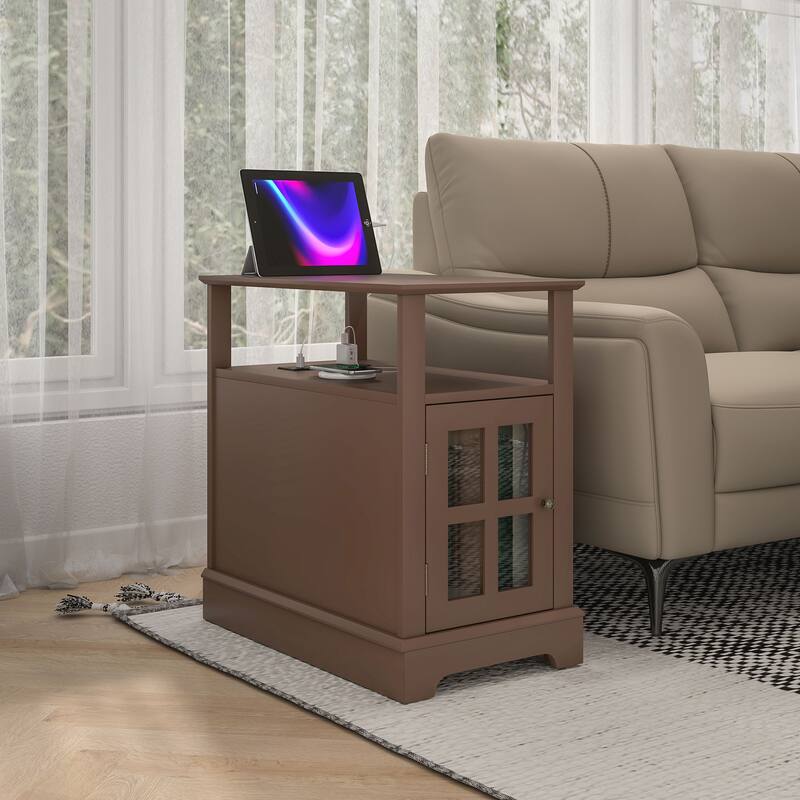 Brown MDF Modern Coffee Table with USB, AC Outlets and Hidden Storage - 14" W x 23.6" D x 23.6" H - Brown