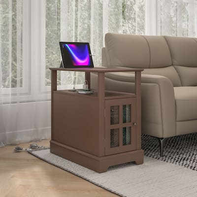 Brown MDF Modern Coffee Table with USB, AC Outlets and Hidden Storage - 14" W x 23.6" D x 23.6" H