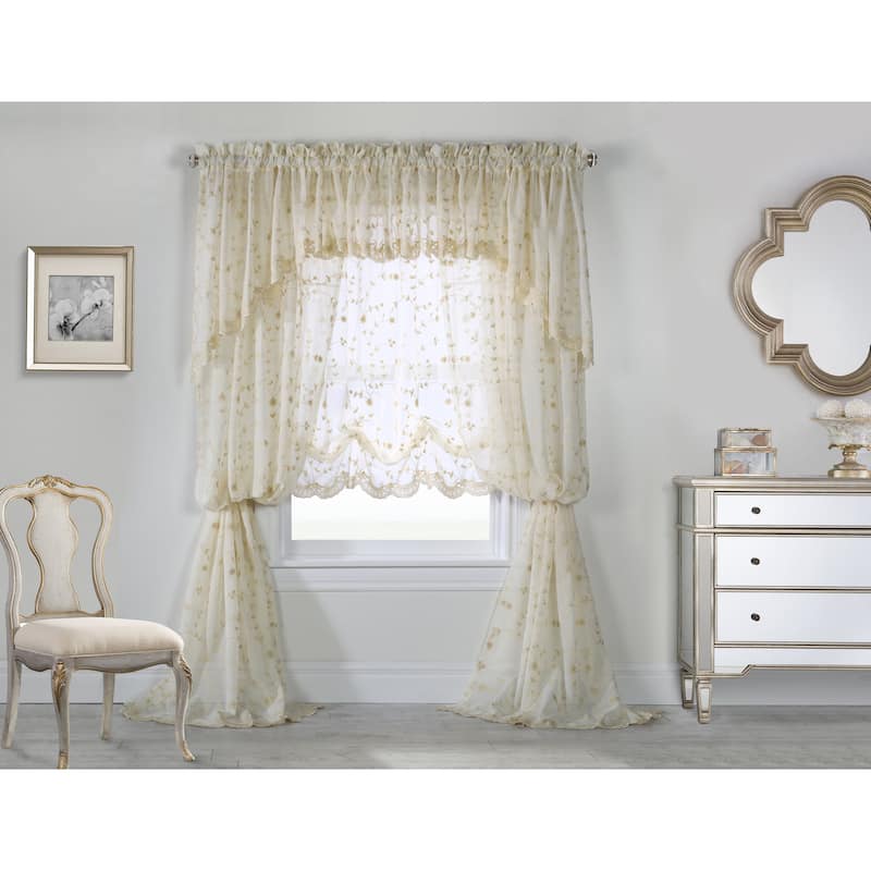 Grandeur Embroidered Sheer Curtain Valance and Tiers with Scallop Detail