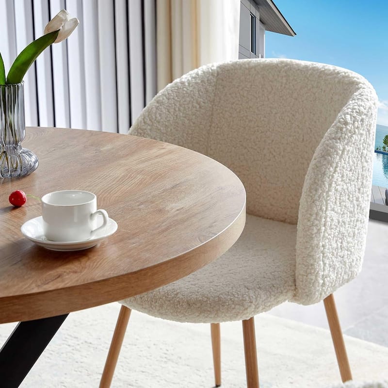 Howtai Round Dining Table Set with Fluffy Sherpa Arm Chairs Space Saving