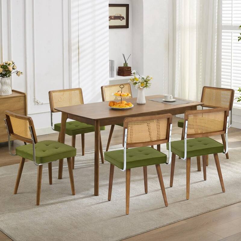 Mid-Century Modern Upholstered Dining Chair with Checkered Hollow Rattan Backrest and Padded Cushion